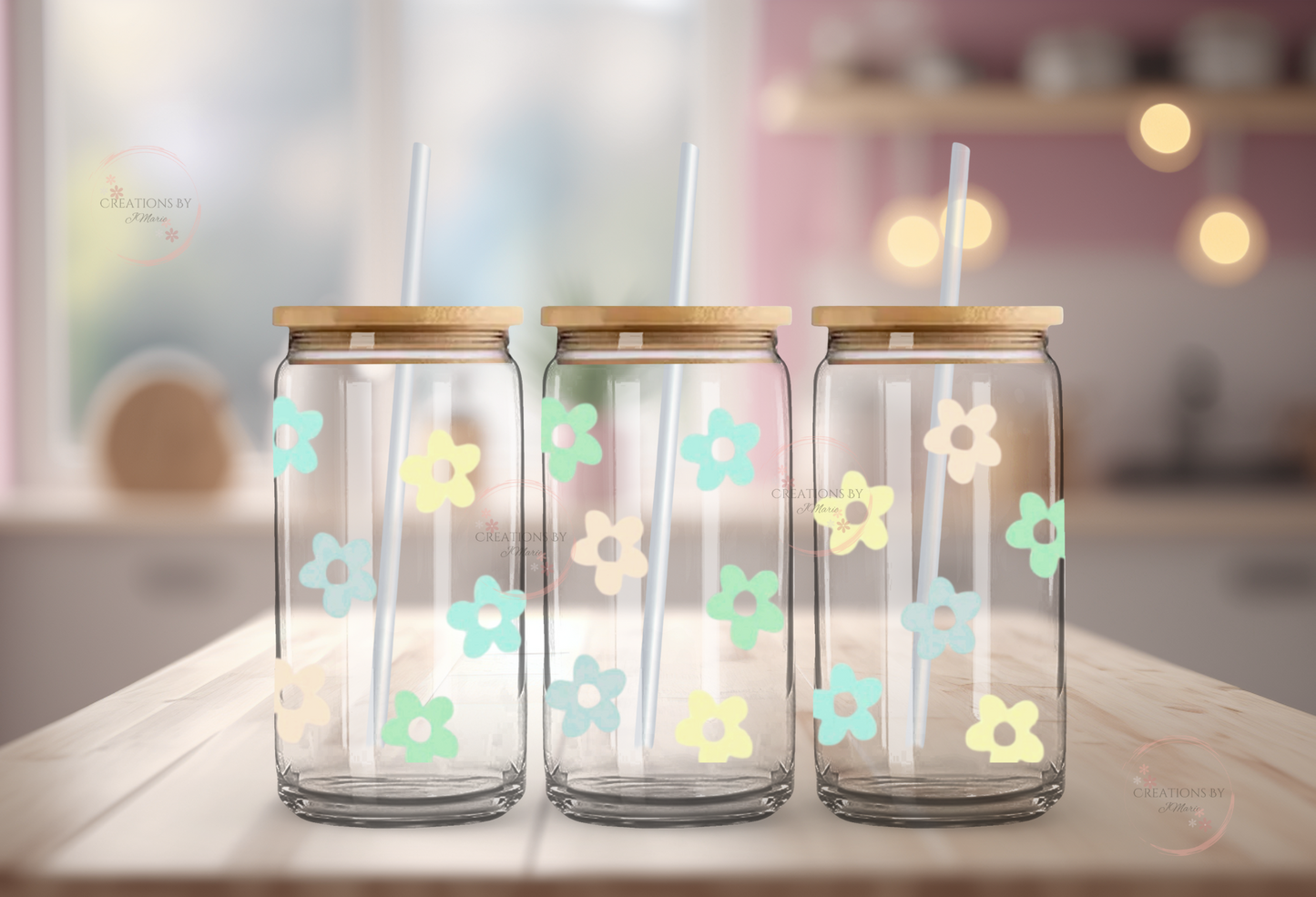 Pastel Flowered 16oz Glass Cup